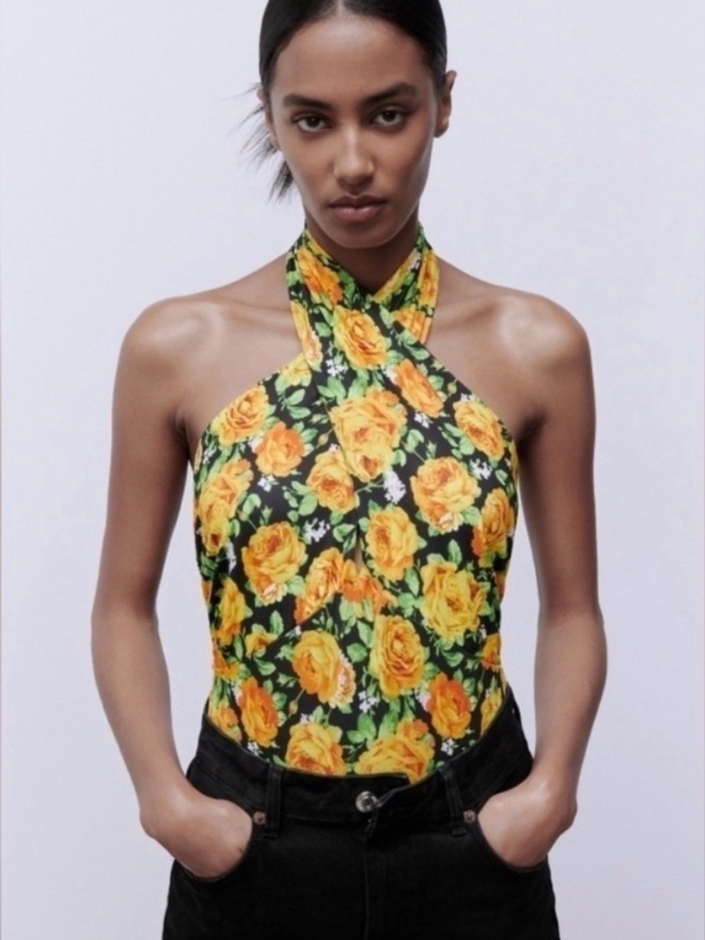 Zara Yellow and Black Rose Halter Bodysuit